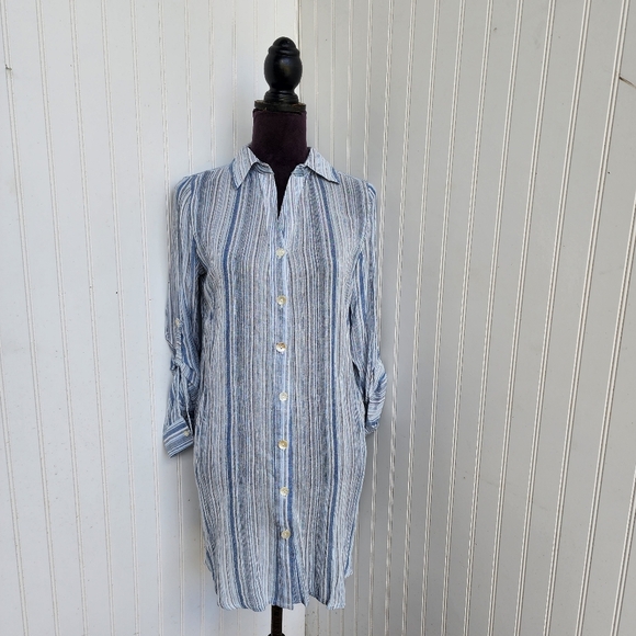 Blue Island Striped Shirt Dress White Blue Semi-sheer Long Sleeve Womens XS - Picture 1 of 14